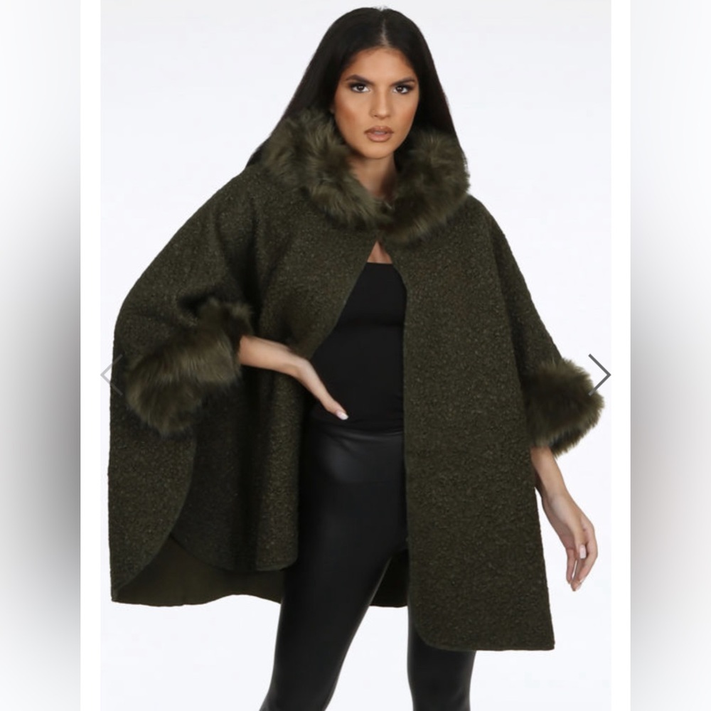 Brand new free size Khaki Borg Cape With Faux Fur Trim